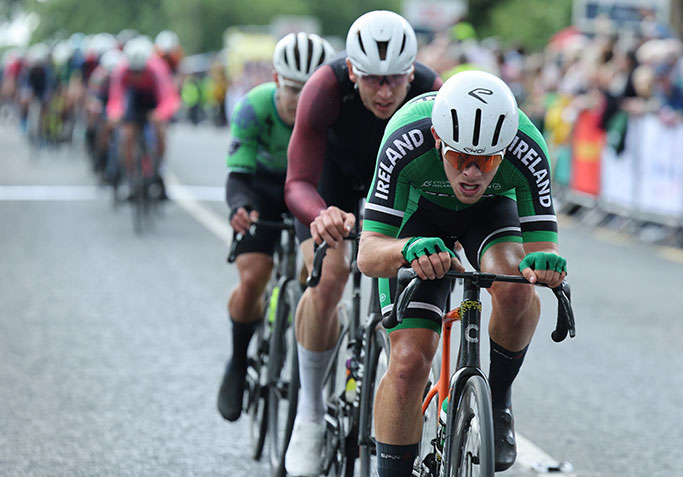 Thomas Springbett marking 2023 Rás Tailteann winner, Dillon Corkery, 
				  on stage 5